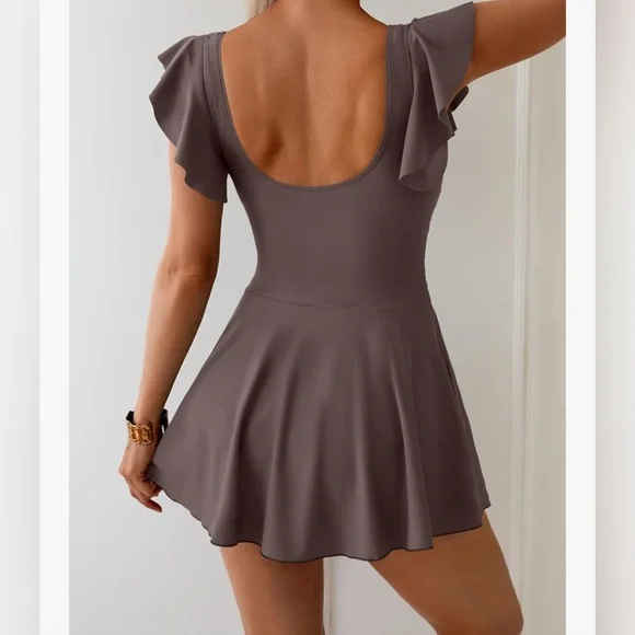 Brown Wrap-Style Swimdress with Flutter Sleeves - Picture 2 of 2